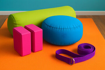 Complete Yoga and Wellness Equipment Set Arranged on Orange Mat for Exercise and Relaxation Routine