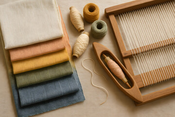 Weaving Process Showing Loom, Spools, and Colorful Textile Fabrics in Traditional Crafting Studio
