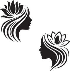 Silhouettes of two female profiles feature hair stylized with flowing lines resembling petals