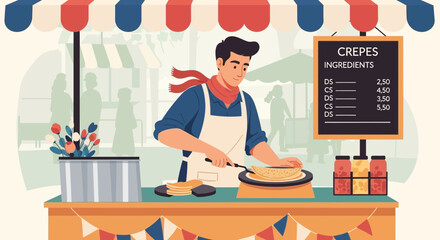 Delightful Crepe Stand Illustration In Market With Savory Food