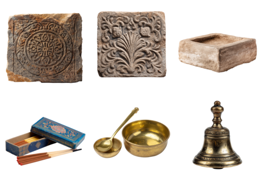 Ancient stone carvings and antique objects isolated on a transparent background