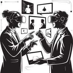 Two people wearing vr headsets interacting with virtual screens and a tablet in black and white style