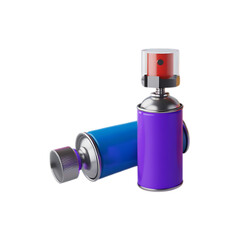 3D render of two spray paint cans, purple and blue, isolated on white background.  Concept of art, graffiti, design, and creativity.