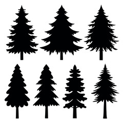 Obraz premium Collection of pine tree silhouettes isolated on white background