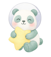 Pastel Space Panda Hugging Star – Watercolor Nursery Clipart