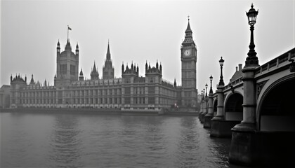 Fototapeta premium Foggy London View of Big Ben and Houses of Parliament at Dusk