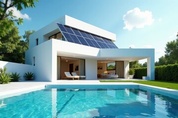 Fototapeta premium Geometric solar panels atop minimalist house, sparkling pool , sunny, innovation, elegant