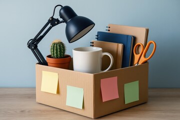 Home Office Essentials Box Offers a tidy desk setup, featuring a modern black lamp, cactus, stationary, and motivational sticky notes for simple studio workspace inspiration.