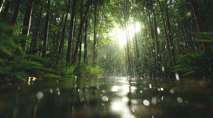 Lush rainforest path, rain falling, sunlight