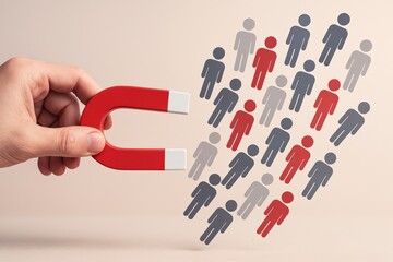 Red Magnet Attracts Miniature People, symbolizing influence, attraction, and targeted recruitment for business growth or marketing success.