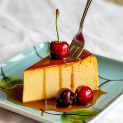 Close up of a slice of flan, a creamy caramel custard dessert, garnished with fresh cherries.  Sweet treat, dessert, food photography.