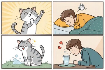 Illustrated comic panels grey tabby cat sleeping boy and boy drinking water