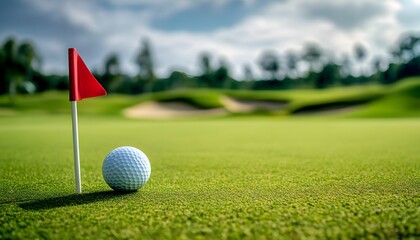 Golf ball rests on green grass near red flag on golf course. Rich trees, rolling hills, sand traps create idyllic summer landscape