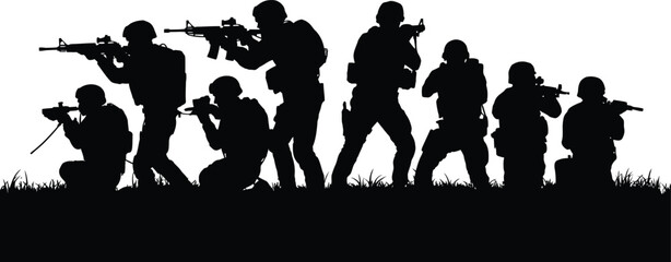 Obraz premium Silhouette of soldiers in combat formation with rifles