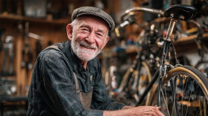 Old Man Smiling While Working on Bicycle in Cozy Home Garage Filled with Tools and Equipment
