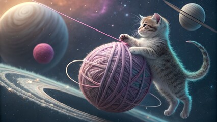 Kitten playing with giant yarn ball in space planets and stars backdrop