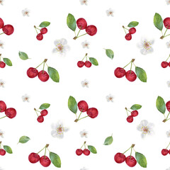 Seamless pattern with burgundy cherry, white flower and green leaf. Hand drawn in watercolor.