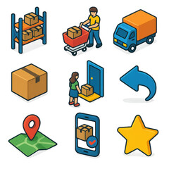 Comprehensive isometric delivery icons for e-commerce and logistics