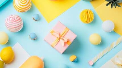 Playful pastel styled flat lay with gift boxes paper decorations sweets and ribbons birthday celebration concept