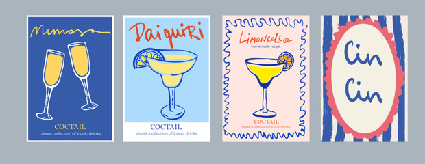Set of Printable Cocktail Posters &ndash; Ink Style Illustrations of Classic Drinks: Daiquiri, Mojito, Mimosa, Aperol Spritz, and Boulevardier. Vintage Sketch with Typography for Party Decor, Labels, Covers