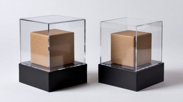 Luxury collectible packaging product inside transparent cube box display modern museum concept elegant photography