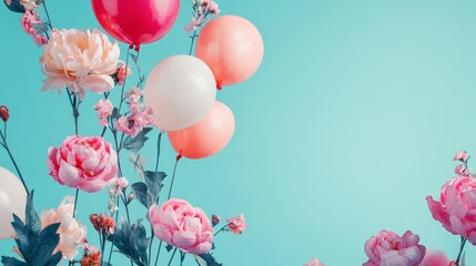 Fototapeta premium Colorful blooming flowers and balloons on sky background festive spring celebration garden design vibrant photography
