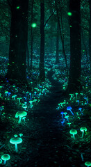 Mystical forest glowing with light in a dreamy underwater-inspired night scene