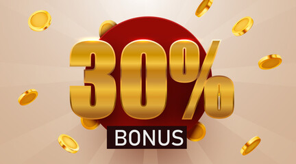 30 percent bonus with falling golden coins. Cashback or prize concept. Vector illustration