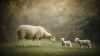 Fototapeta premium Gentle sheep and lambs in a misty meadow.