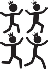 Four joyful stick figure kings dancing silhouette