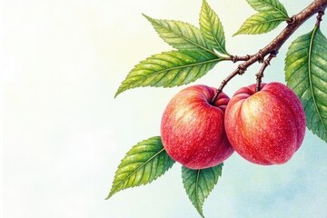 Hand-drawn peaches on branch, watercolor style , nature, illustration