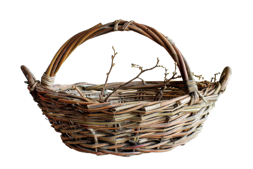 Natural woven basket made of twigs and branches for storage or decoration in a rustic setting