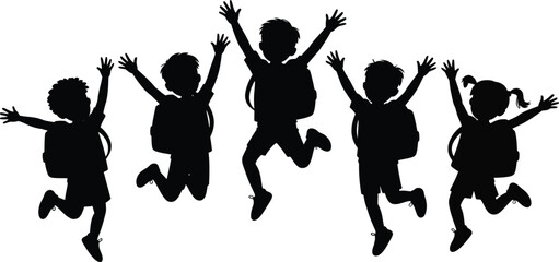 Happy diverse children with backpacks jumping in the air celebrating