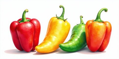 Hand-painted watercolor sweet peppers; red, yellow, green Isolated on white , ingredient, illustration