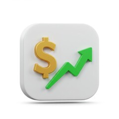 3D render of a dollar sign next to an upward trending green arrow, representing financial growth on a white square.