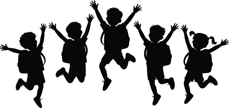 Happy diverse children with backpacks jumping in the air celebrating