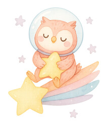 Pastel Owl on Shooting Star – Watercolor Space Nursery Clipart