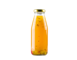 Glass bottle with organic cold-pressed juice and eco label, isolated on a transparent background