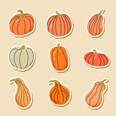 Cute vector autumn set of watercolor pumpkins, squash set, fall harvest elements. Perfect for Thanksgiving, Halloween, and rustic seasonal designs