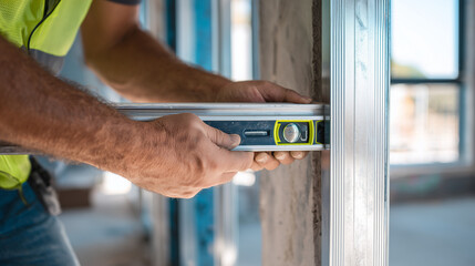 Construction worker using level tool to check alignment of wall  