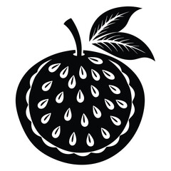 Black and White Silhouette of an Apple with Leaves and Seed Pattern Graphic