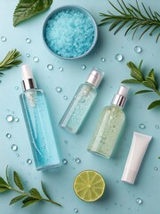 Various skincare products and bath salts arranged with botanical elements beauty wellness