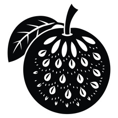 Stylized Black and White Fruit Illustration with Leaf and Decorative Pattern Detailing Fruit