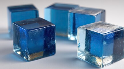 Close-up of several translucent blue cubes