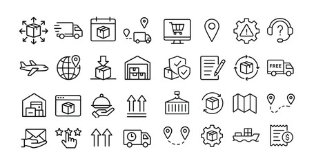 Shipping, Logistics, and Delivery Service Line Icons: E-commerce and Transport Symbols
