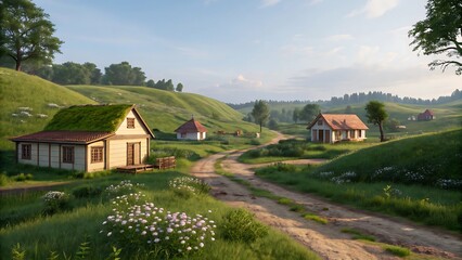 Obraz premium Verdant rolling hills dotted with charming cottages countryside village