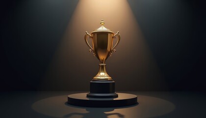Golden Trophy on Pedestal Illuminated by Spotlight in Dark Room