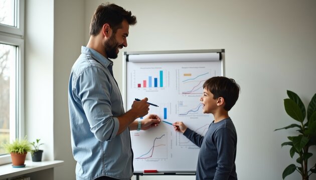 Father and son presenting data charts in modern office setting
