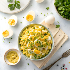 top view delicious egg salad on light background