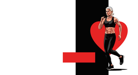 Senior fitness concept shows active senior woman jogging against a symbolic heart backdrop, representing vitality in later years. Senior fitness concept inspires healthy lifestyle choices,
